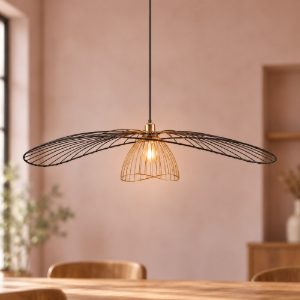 Lampadario a sospensione grande per sala da pranzo nero oro con paralume aperto in metallo