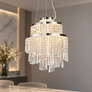 Lampadario a sospensione per soggiorno led 30w cct 2700k 6500k con telecomando cromo pendenti scintillanti