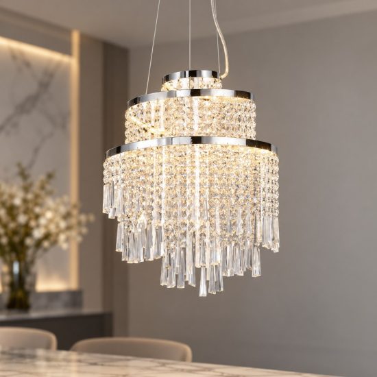 Lampadario a sospensione per soggiorno led 30w cct 2700k 6500k con telecomando cromo pendenti scintillanti