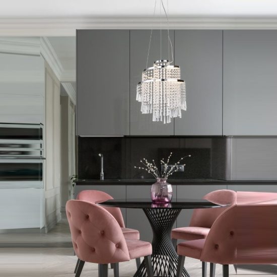 Lampadario a sospensione per soggiorno led 30w cct 2700k 6500k con telecomando cromo pendenti scintillanti
