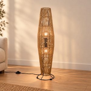 Piantana 2 luci per soggiorno moderna in carta effetto rattan naturale con base nera