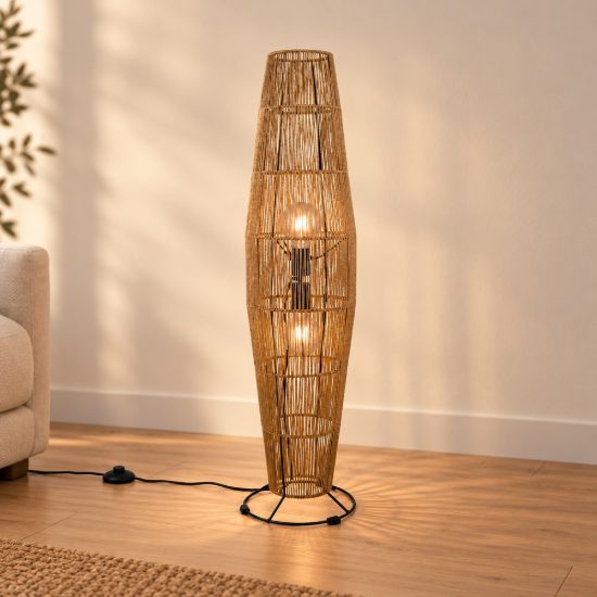 Piantana 2 luci per soggiorno moderna in carta effetto rattan naturale con base nera