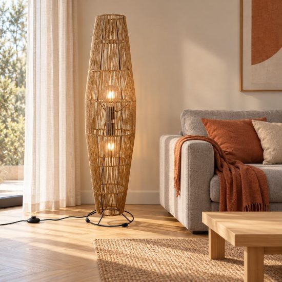 Piantana 2 luci per soggiorno moderna in carta effetto rattan naturale con base nera