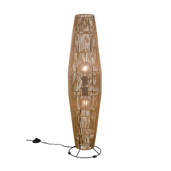 Piantana 2 luci per soggiorno moderna in carta effetto rattan naturale con base nera