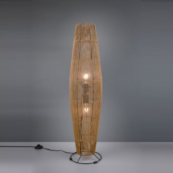 Piantana 2 luci per soggiorno moderna in carta effetto rattan naturale con base nera