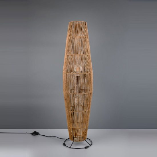 Piantana 2 luci per soggiorno moderna in carta effetto rattan naturale con base nera