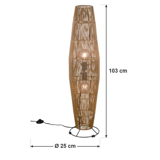 Piantana 2 luci per soggiorno moderna in carta effetto rattan naturale con base nera