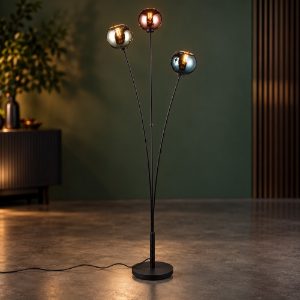 Piantana 3 luci per soggiorno moderna nera con vetri multicolore effetto specchio
