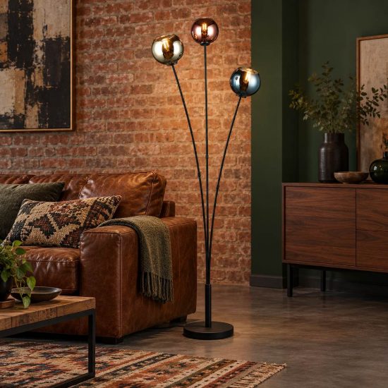 Piantana 3 luci per soggiorno moderna nera con vetri multicolore effetto specchio