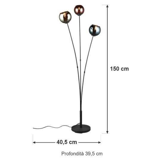 Piantana 3 luci per soggiorno moderna nera con vetri multicolore effetto specchio