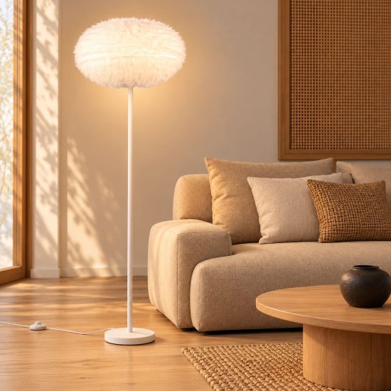 Piantana per soggiorno moderna in peluche sintetico bianco