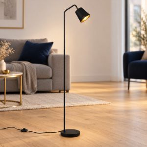 Piantana orientabile per soggiorno moderna nera con paralume nero oro