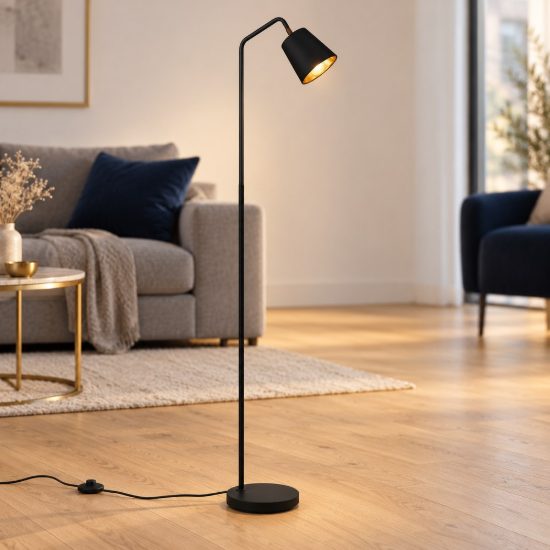 Piantana orientabile per soggiorno moderna nera con paralume nero oro