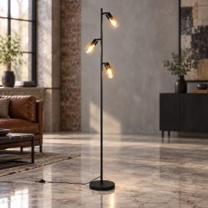 Piantana 3 luci per soggiorno moderna nera con vetri ambra