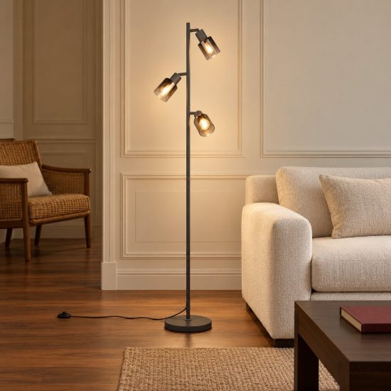 Lampada da terra 3 luci per soggiorno moderna antracite con vetri fume