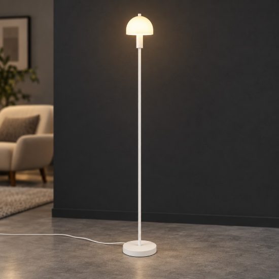 Piantana per soggiorno moderna bianca a forma di fungo con vetro bianco