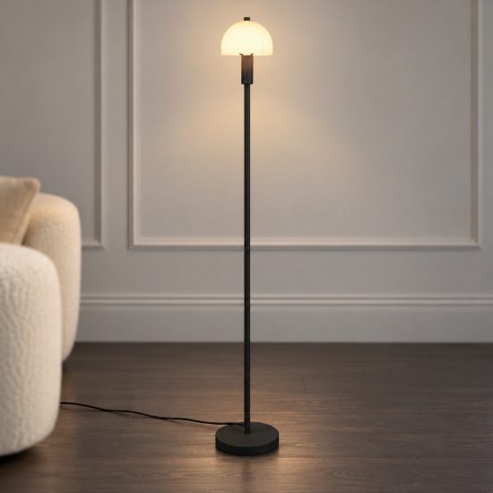 Lampada da terra per soggiorno moderna nera a forma di fungo con vetro bianco