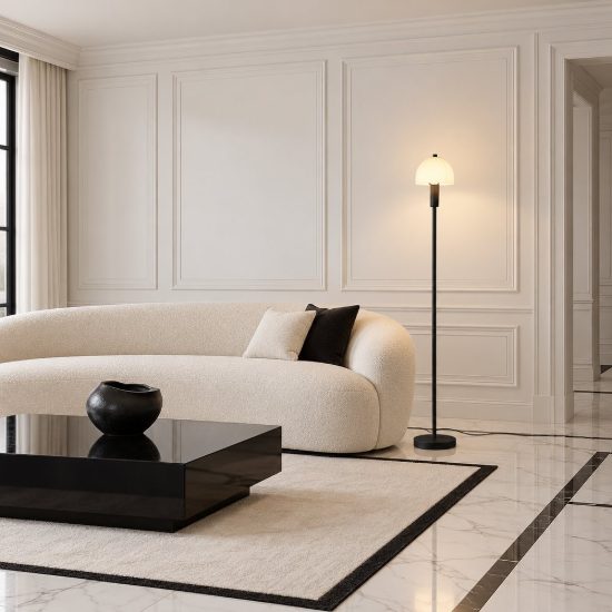 Lampada da terra per soggiorno moderna nera a forma di fungo con vetro bianco