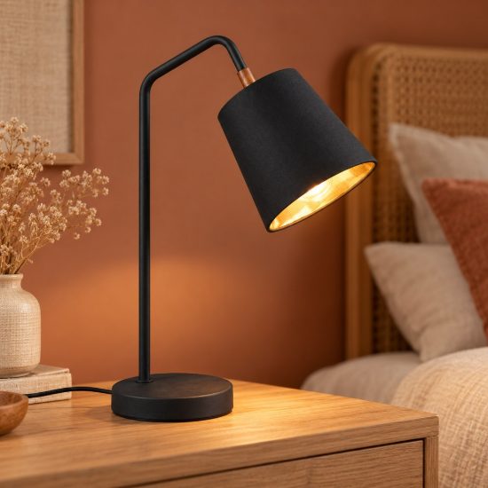 Lampada da tavolo orientabile per soggiorno moderna nera con paralume nero oro