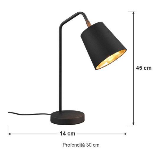 Lampada da tavolo orientabile per soggiorno moderna nera con paralume nero oro