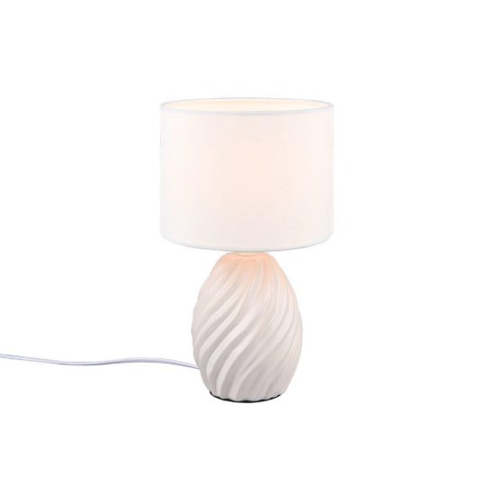 Abat-jour per comodino in ceramica bianca a onde con paralume in tessuto bianco