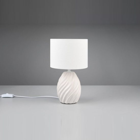 Abat-jour per comodino in ceramica bianca a onde con paralume in tessuto bianco
