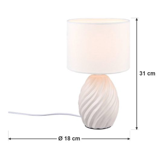 Abat-jour per comodino in ceramica bianca a onde con paralume in tessuto bianco