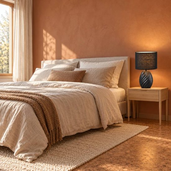 Abat-jour per comodino in ceramica nera a onde con paralume in tessuto nero