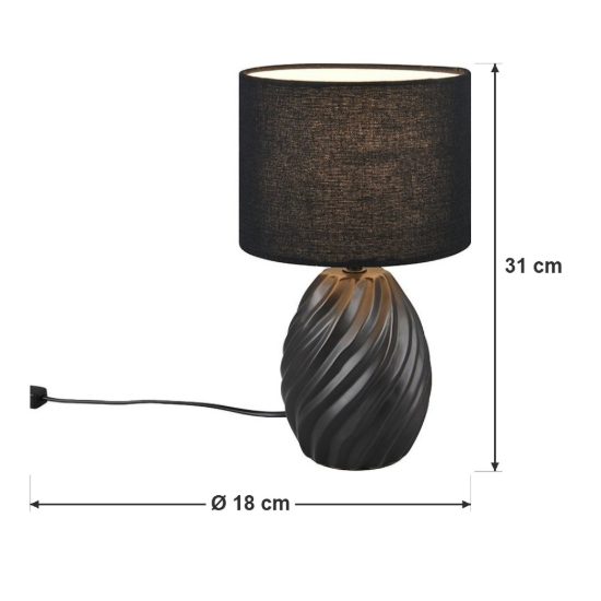 Abat-jour per comodino in ceramica nera a onde con paralume in tessuto nero