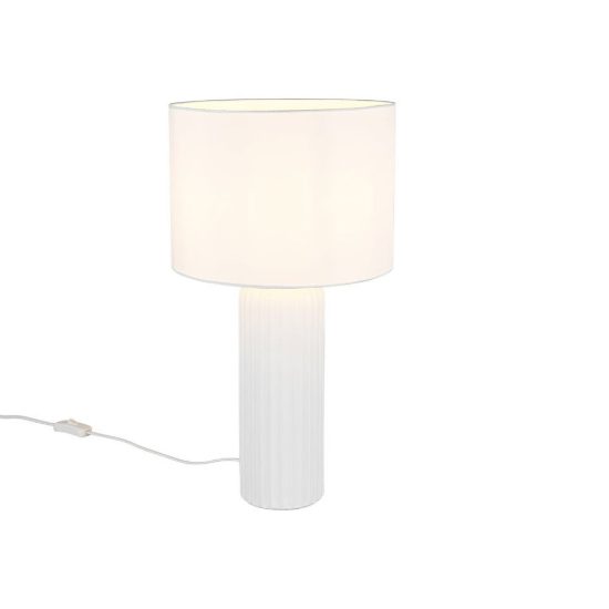 Lampada da tavolo grande per soggiorno in ceramica rigata bianca con paralume in tessuto bianco