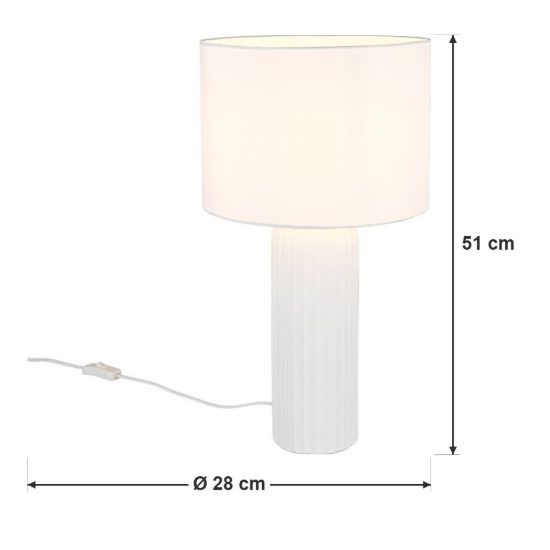 Lampada da tavolo grande per soggiorno in ceramica rigata bianca con paralume in tessuto bianco