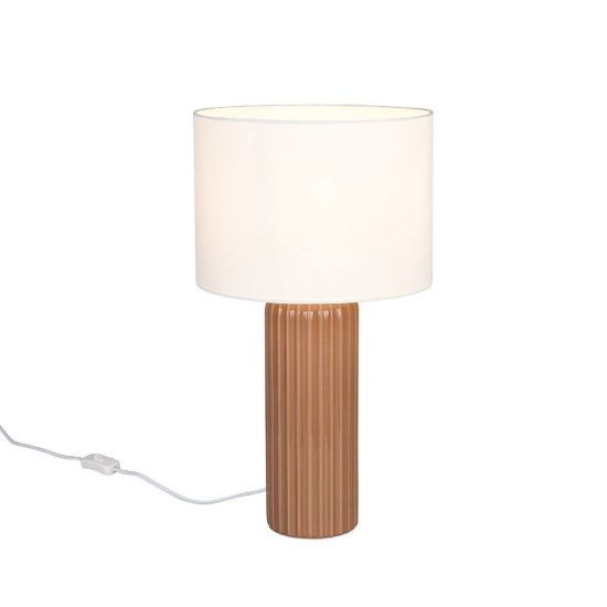 Lampada da tavolo grande per soggiorno in ceramica rigata moka con paralume in tessuto beige