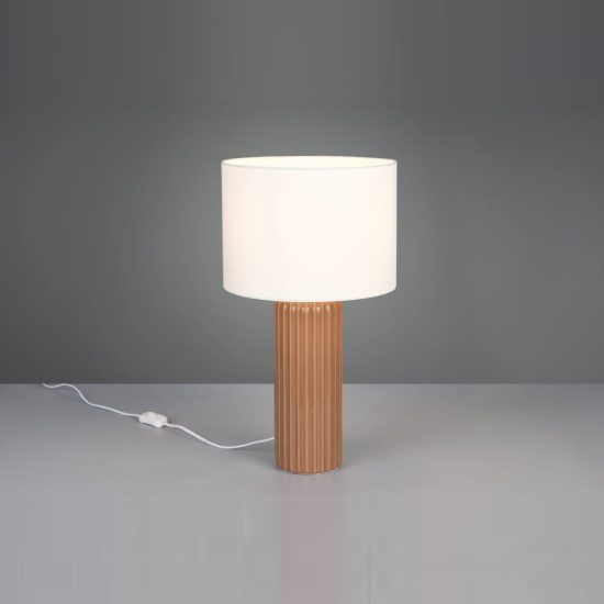 Lampada da tavolo grande per soggiorno in ceramica rigata moka con paralume in tessuto beige