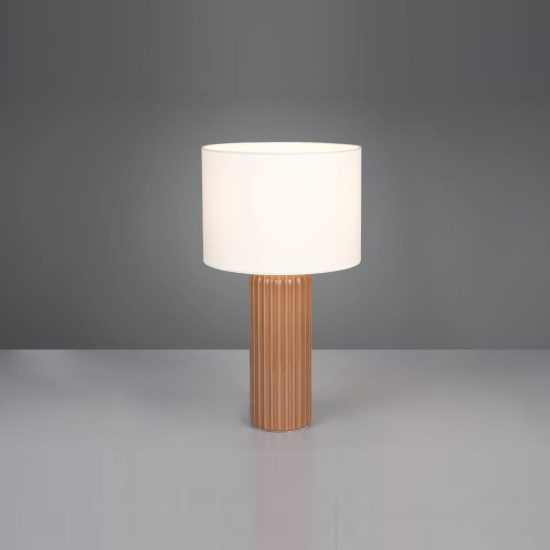 Lampada da tavolo grande per soggiorno in ceramica rigata moka con paralume in tessuto beige