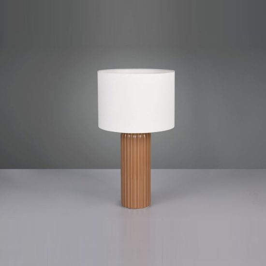 Lampada da tavolo grande per soggiorno in ceramica rigata moka con paralume in tessuto beige
