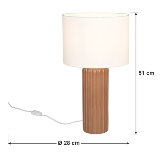 Lampada da tavolo grande per soggiorno in ceramica rigata moka con paralume in tessuto beige