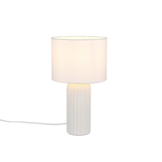 Lampada da tavolo piccola per soggiorno in ceramica rigata bianca con paralume in tessuto bianco
