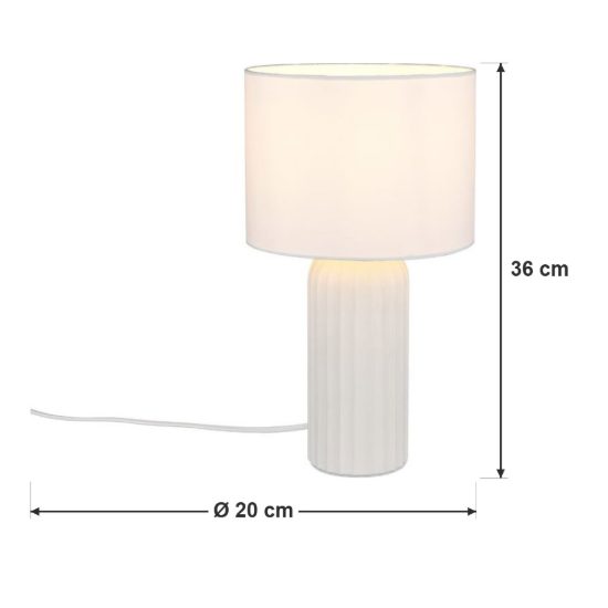 Lampada da tavolo piccola per soggiorno in ceramica rigata bianca con paralume in tessuto bianco