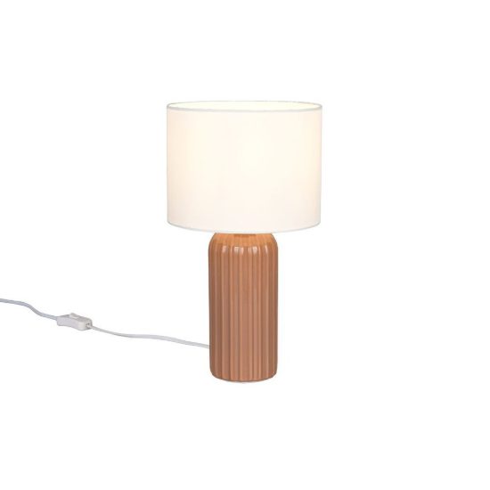 Lampada da tavolo piccola per soggiorno in ceramica rigata moka con paralume in tessuto beige