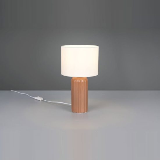 Lampada da tavolo piccola per soggiorno in ceramica rigata moka con paralume in tessuto beige