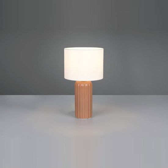 Lampada da tavolo piccola per soggiorno in ceramica rigata moka con paralume in tessuto beige
