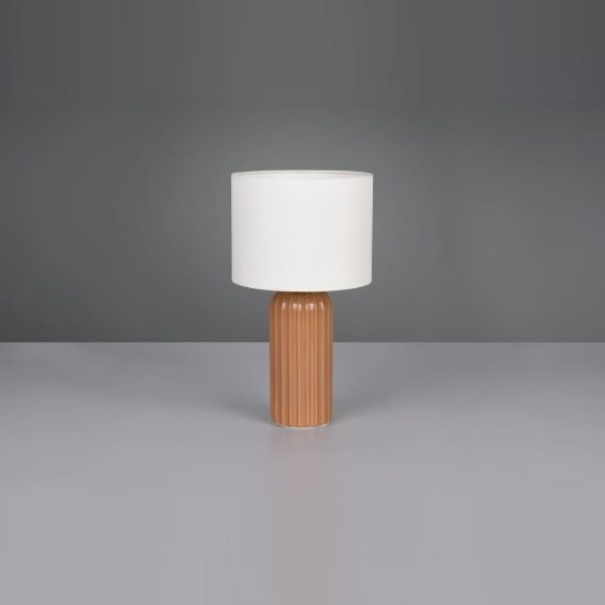 Lampada da tavolo piccola per soggiorno in ceramica rigata moka con paralume in tessuto beige