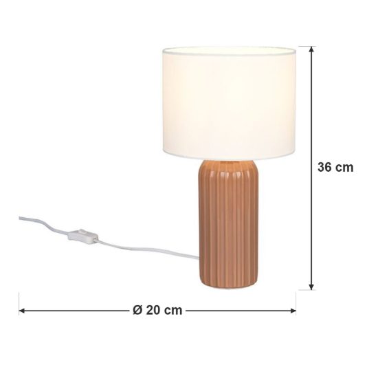 Lampada da tavolo piccola per soggiorno in ceramica rigata moka con paralume in tessuto beige