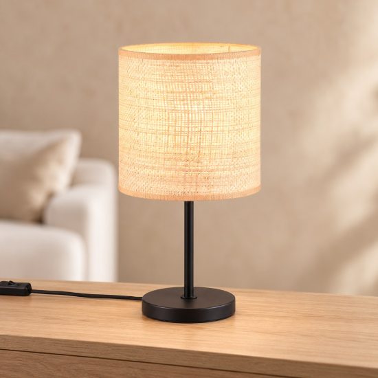 Lampada da tavolo per soggiorno moderna nera con paralume in fibra naturale