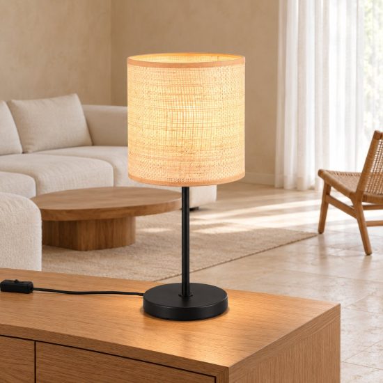 Lampada da tavolo per soggiorno moderna nera con paralume in fibra naturale