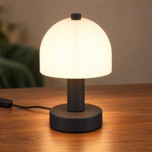 Abat-jour per comodino moderno nero a forma di fungo con vetro bianco