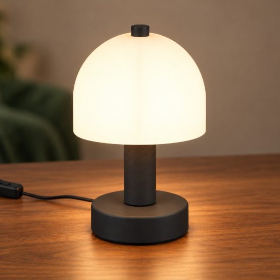 Abat-jour per comodino moderno nero a forma di fungo con vetro bianco