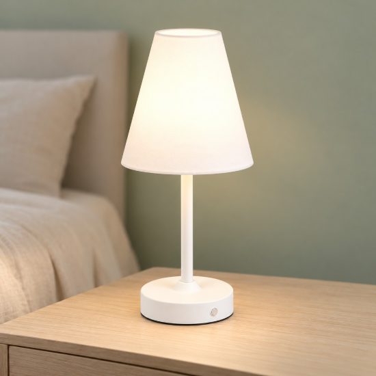 Abat-jour ricaricabile led 1,5w 3000k touch per comodino bianco con paralume in tessuto bianco