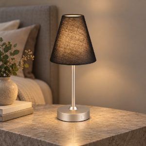 Abat-jour ricaricabile led 1,5w 3000k touch per comodino nichel opaco con paralume in tessuto nero
