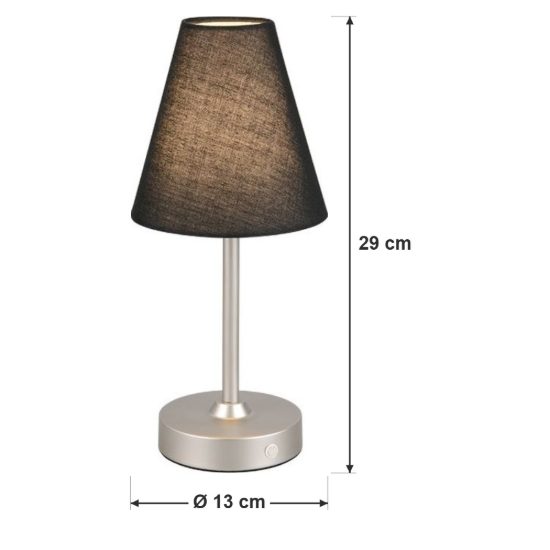 Abat-jour ricaricabile led 1,5w 3000k touch per comodino nichel opaco con paralume in tessuto nero